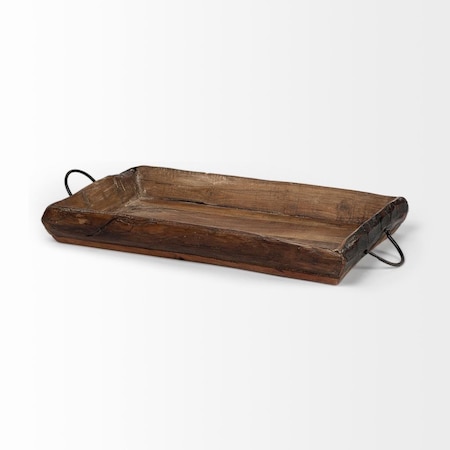 Homeroots S & 2 Medium Brown Recycled Wood with Flaunt Metal Handles Tray 376040